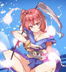  alternate_hairstyle bad_id bad_pixiv_id bare_shoulders blue_background breasts cleavage collarbone cowboy_shot expressionless female hair_between_eyes hair_bobbles hair_ornament highres hitodama looking_away looking_down medium_breasts obi off_shoulder onozuka_komachi petals red_eyes red_hair sash scythe short_hair side_ponytail sitting solo tareme touhou yu_kitsune 