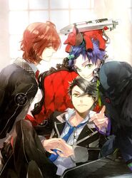  3boys amaha_tsubasa aozora_hayato artist_request blue_eyes blue_hair brown_hair glasses grin headphones multiple_boys necktie pointing red_eyes red_hair rocket shiranui_kazuki smile starry_sky_(game) stuffed_animal stuffed_toy uniform unworn_eyewear 