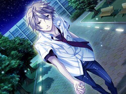  1boy bench black_necktie blush collared_shirt game_cg kazuaki looking_at_viewer male_focus miyaji_ryunosuke necktie pants park park_bench path photoshop_(medium) road shirt solo starry_sky_(game) 