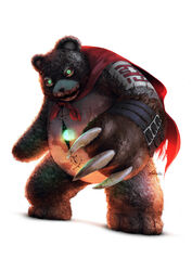  artstation_sample cape cassio_yoshiyaki claws colored_sclera commentary digimon digimon_(creature) english_commentary glowing glowing_eyes green_eyes highres image_sample photoshop_(medium) red_sclera signature solo stuffed_animal stuffed_toy teddy_bear warumonzaemon 