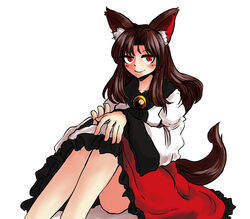  animal_ears bad_id bad_pixiv_id blush brooch brown_hair collarbone dress female highres imaizumi_kagerou jewelry long_hair looking_at_viewer red_eyes simple_background sitting smile solo tail toluda touhou white_background wolf_ears wolf_tail 