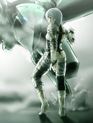  bodysuit commentary_request cosplay female from_behind glowing glowing_eyes ikuyoan mecha metal_gear_(robot) metal_gear_(series) metal_gear_ray metal_gear_solid_3:_snake_eater metal_gear_solid_4:_guns_of_the_patriots non-humanoid_robot photoshop_(medium) robot short_hair smile solo sunny_emmerich the_boss the_boss_(cosplay) walker_(robot) white_hair 