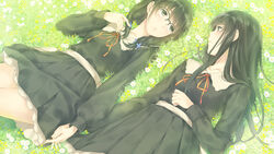  2girls black_dress black_eyes black_hair braid daisy dress eye_contact field flower flower_field flowers_(innocent_grey) game_cg glasses grass hair_flower hair_ornament hanabishi_rikka hand_on_own_stomach holding holding_hands holding_own_hair interlocked_fingers long_hair long_sleeves looking_at_another lying multiple_girls official_art official_wallpaper on_back parted_lips pleated_dress puffy_long_sleeves puffy_sleeves ribbon school_uniform shirahane_suou short_dress short_hair sugina_miki twin_braids yuri 