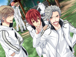  6+boys angry aozora_hayato brown_hair crossed_arms day game_cg green_eyes grey_hair jacket kazuaki long_sleeves looking_at_viewer male_focus miyaji_ryunosuke multiple_boys nanami_kanata outdoors photoshop_(medium) plant red_eyes red_hair starry_sky_(game) tomoe_you touzuki_suzuya track_jacket tree 