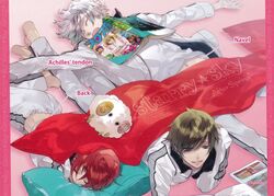  3boys artist_request barefoot blanket blue_eyes brown_hair closed_eyes grey_hair lying magazine_(object) multiple_boys nanami_kanata navel on_back pillow red_hair starry_sky_(game) tomoe_you touzuki_suzuya 