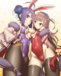  2girls animal_ears ass_visible_through_thighs azur_lane bare_shoulders bikini black_pantyhose black_thighhighs blue_ribbon blunt_bangs breasts brown_hair commentary_request covered_navel fingernails gradient_background grin hair_bun hair_ribbon hairband hand_on_own_hip highleg highleg_leotard highres jacket leotard long_hair looking_at_viewer medium_breasts multiple_girls ning_hai_(azur_lane) ning_hai_(moon_palace_rabbit)_(azur_lane) official_alternate_costume pantyhose ping_hai_(azur_lane) ping_hai_(osmanthus_moon_rabbit)_(azur_lane) playboy_bunny purple_eyes purple_hair purple_leotard rabbit_ears red_bikini ribbon single_hair_bun small_breasts smile swimsuit tassel thighhighs tomoyuki_kotani underboob white_hairband yellow_background 