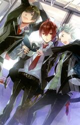  3boys ahoge artist_request blue_eyes brown_hair dutch_angle grey_hair multiple_boys nanami_kanata necktie open_mouth pants red_eyes red_hair school_uniform seigetsu_academy_school_uniform starry_sky_(game) tomoe_you touzuki_suzuya train_interior 