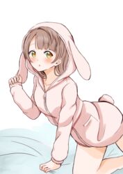  all_fours animal_hood bare_legs brown_hair collarbone commentary_request female highres hood looking_at_viewer love_live! love_live!_school_idol_project minami_kotori rabbit_hood rabbit_pajamas rabbit_tail simple_background solo suito tail white_background yellow_eyes 