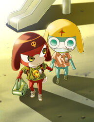  2boys aged_down alien backpack bag dororo_(keroro_gunsou) friends giroro holding_hands keroro_gunsou mask multiple_boys no_humans photoshop_(medium) shirt shoes sunset t-shirt tamama_island tears 