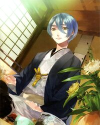  1boy artist_request blue_hair bowl brown_eyes chrysanthemum flower japanese_clothes kanakubo_homare kimono light male_focus sitting smile solo starry_sky_(game) yukata 