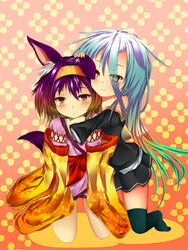  2girls :&lt; :3 animal_ear_fluff animal_ears bare_shoulders commentary_request expressionless fox_ears fox_tail gradient_hair hatsuse_izuna highres japanese_clothes kimono kneeling leglus long_hair multicolored_hair multiple_girls no_game_no_life purple_eyes purple_hair school_uniform serafuku shiro_(no_game_no_life) short_hair short_kimono slit_pupils tail thighhighs very_long_hair yellow_eyes zettai_ryouiki 