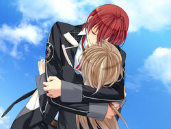  1boy brown_hair closed_eyes female from_behind game_cg hug kazuaki long_hair long_sleeves photoshop_(medium) red_hair school_uniform seigetsu_academy_school_uniform sleeve_cuffs starry_sky_(game) tomoe_you very_long_hair yahisa_tsukiko 