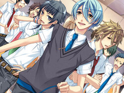  6+boys :d blue_necktie collared_shirt dress_shirt game_cg kanakubo_homare kazuaki kinose_azusa looking_at_viewer miyaji_ryunosuke multiple_boys necktie open_mouth photoshop_(medium) shirt short_sleeves smile starry_sky_(game) sweater_vest white_shirt 