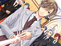  6+boys :d ^_^ ahoge closed_eyes dutch_angle facial_hair female formal game_cg grey_hair indoors kazuaki long_sleeves looking_at_viewer moustache multiple_boys nanami_kanata open_mouth photoshop_(medium) pov smile starry_sky_(game) suit tomoe_you touzuki_suzuya wedding yahisa_tsukiko 