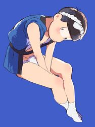  1boy bad_id bad_twitter_id blue_background blue_eyes blush brown_hair chest_sarashi from_above fundoshi hachimaki hands_on_lap happi headband japanese_clothes looking_at_viewer male_focus male_underwear matsuno_karamatsu nejiri_hachimaki nipples osomatsu-kun osomatsu-san osomatsu_(series) rokushaku_fundoshi sarashi solo tabi tomaru_(sachi911) underwear v_arms white_male_underwear 