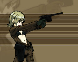  bikini bikini_top_only black_gloves blonde_hair commentary_request cosplay eva_(metal_gear) eva_(metal_gear)_(cosplay) female flat_chest gloves gumdrop gun handgun holster jumpsuit mauser_c96 metal_gear_(series) metal_gear_solid_3:_snake_eater metal_gear_solid_4:_guns_of_the_patriots navel open_clothes short_hair shouting solo sunny_emmerich swimsuit weapon zoom_layer 