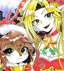  2girls alternate_hair_color ambitious_elf_jinx bell blonde_hair bow choker christmas fluffy_ears gloves jinx_(league_of_legends) league_of_legends long_hair multiple_girls oerba_yun_fang otani_(kota12ro08) pointy_ears poppy ribbon santa_hat twintails yordle 