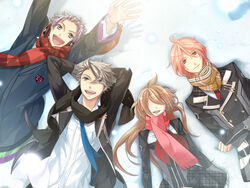  1boy 3girls :d amaha_tsubasa aozora_hayato arms_up brown_hair gakuran game_cg kazuaki long_sleeves looking_at_viewer multiple_girls necktie no_eyes open_mouth photoshop_(medium) red_necktie red_scarf scarf school_uniform seigetsu_academy_school_uniform shiranui_kazuki smile starry_sky_(game) yahisa_tsukiko 