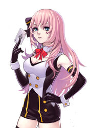  black_gloves blackjack_(vocaloid) blue_eyes bow bowtie breasts card cleavage commentary cowboy_shot detached_collar elbow_gloves female fkey gloves hairbow hand_on_own_hip heart holding holding_card long_hair megurine_luka photoshop_(medium) pink_hair playing_card project_diva_(series) project_diva_f project_diva_f_2nd red_bow red_bowtie solo temptation_(module) thighhighs vocaloid white_background wrist_cuffs 