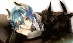  1boy artist_request fur head_tilt horns kanakubo_homare looking_at_viewer male_focus monster simple_background smile solo starry_sky_(game) taurus_(zodiac) white_background zodiac 