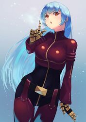  absurdres bad_id bad_twitter_id belt blowing blue_hair bodysuit breasts female gloves gradient_background hand_up hara_kenshi highres index_finger_raised kula_diamond long_hair looking_at_viewer medium_breasts open_mouth pointing pointing_up purple_eyes simple_background skin_tight snowflakes snowing solo the_king_of_fighters zipper 