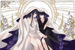  2girls black_hair black_kimono blue_hair blunt_bangs boo_1 braid closed_eyes collarbone floral_background flower genshin_impact hand_on_another&#039;s_hand highres japanese_clothes kimono long_hair long_sleeves makoto_(genshin_impact) mole mole_under_eye multicolored_hair multiple_girls purple_flower purple_hair raiden_shogun siblings single_braid spoilers streaked_hair tomoe_(symbol) twins veil veil_lift very_long_hair white_kimono wide_sleeves 