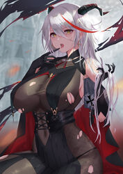  absurdres aegir_(azur_lane) azur_lane bare_shoulders black_cape black_gloves blurry blurry_background bodystocking breast_curtains breasts cape commentary covered_navel cowboy_shot cross cross_earrings demon_horns earrings elbow_gloves female fishnets gloves hair_between_eyes hair_on_horn hand_up highres holding holding_own_hair horns iron_cross jewelry large_breasts long_hair looking_at_viewer multicolored_hair open_mouth red_cape red_hair satou_aji sidelocks sitting solo streaked_hair swept_bangs taut_clothes tongue tongue_out torn_bodystocking torn_clothes two-tone_cape two-tone_hair very_long_hair white_hair yellow_eyes 