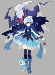  alternate_eye_color beanie black_shirt black_thighhighs blue_eyes blue_footwear blue_hair blue_scarf blue_sclera blue_skirt boots bright_pupils colored_sclera commentary_request darkrai dawn_(pokemon) female floating_hair full_body grey_background hat highres long_hair looking_at_viewer nikorashi-ka piplup poke_ball poke_ball_(basic) pokemon pokemon_(creature) pokemon_dppt scarf shirt simple_background skirt sleeveless sleeveless_shirt smoke thighhighs watch whisp white_hair white_headwear white_pupils wristband wristwatch 