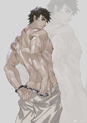  1boy absurdres alchemy_stars arms_behind_back ass_peek bara black_hair butt_crack cuffs from_behind gloves handcuffs highres large_pectorals le_zhang_zhang looking_at_viewer looking_back male_focus mature_male muscular muscular_male nipples pants pectorals pittman_(alchemy_stars) scar scar_on_cheek scar_on_face short_hair sideburns solo sweat thick_eyebrows topless_male very_sweaty white_pants zoom_layer 