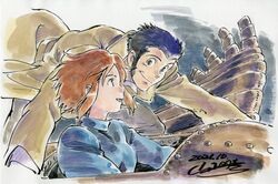  1boy aircraft arsene_lupin_iii black_hair brown_hair commentary_request dated female flying green_jacket jacket kaze_no_tani_no_nausicaa lupin_iii nausicaa short_hair sideburns sidelocks signature smile studio_ghibli yamashita_akihiko 