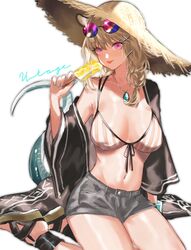  animal_ears aqua_nails arknights bad_id bad_pixiv_id bikini bikini_top_only blonde_hair braid breasts character_name eyewear_on_head female food gu_(gu_da_yo) hair_ornament hat highres holding holding_food jewelry large_breasts medium_hair nail_polish necklace official_alternate_costume pink_eyes popsicle sandals shorts simple_background sitting solo striped_bikini striped_clothes sun_hat sunglasses swimsuit swimsuit_cover-up tail tongue tongue_out utage_(arknights) utage_(summer_flowers)_(arknights) vertical-striped_bikini vertical-striped_clothes white_background x_hair_ornament yokozuwari 