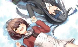  2girls black_hair blazer blue_headband brown_eyes brown_hair brown_neckerchief dress grey_sailor_collar hatsushimo_(kancolle) hatsushimo_kai_ni_(kancolle) headband headgear highres holding_hands jacket kantai_collection long_hair lying multiple_girls neckerchief on_back red_eyes red_shirt sailor_collar sailor_dress sailor_shirt school_uniform shirt short_hair tan_yang_(kancolle) white_dress yotubawatane yukikaze_(kancolle) 