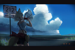  animal_ear_fluff animal_ears arm_up ass bag bare_arms bare_shoulders beleven bike_shorts bike_shorts_under_skirt blue_sky bottle bra_strap choker cloud cowboy_shot coyopotato coyote_(kemono_friends) dated day drinking drinking_straw female from_side grass grasslands hand_up highres holding holding_bottle holding_map kemono_friends kemono_friends_v_project letterboxed looking_at_object map md5_mismatch medium_hair midriff off-shoulder_shirt off_shoulder outdoors paid_reward_available resolution_mismatch road road_sign scenery shirt short_sleeves shoulder_bag sign skirt sky solo source_larger tail tail_through_clothes tan virtual_youtuber wolf_ears wolf_tail yellow_eyes 