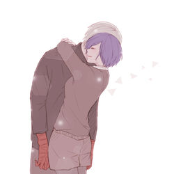  1boy bad_id bad_pixiv_id black_shirt breasts brown_shorts brown_sweater colored_skin commentary_request cowboy_shot female from_side grey_hair happy height_difference hug kaneki_ken kirishima_touka medium_breasts pantyhose purple_hair red_skin shirt short_hair shorts simple_background smile straight sweater tokyo_ghoul tokyo_ghoul:re toukaairab white_background 