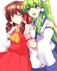  2girls :d absurdres arm_hug ascot bare_shoulders blue_eyes blue_neckwear blue_skirt blush bow brown_hair collarbone collared_shirt commentary_request detached_sleeves dress_shirt frilled_bow frilled_hair_tubes frills frog_hair_ornament green_hair hair_between_eyes hair_ornament hair_tubes hairbow hakurei_reimu hands_on_another&#039;s_arm heart highres kochiya_sanae light_blush long_hair long_skirt looking_at_another mokutan_(link_machine) multiple_girls necktie one_eye_closed open_mouth orange_ascot red_bow red_eyes red_shirt red_skirt shirt skirt sleeveless sleeveless_shirt sleeves_past_wrists smile snake_hair_ornament touhou upper_body white_background white_shirt yuri 