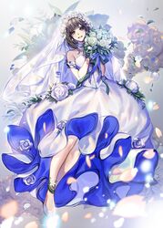  bouquet brown_hair dress earrings eu_(euspia) female floral_background flower high_heels jewelry jung_hayan_(regressor&#039;s_instruction_manual) petals regressor&#039;s_instruction_manual short_hair smile solo veil wedding_dress 