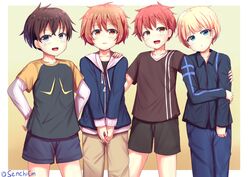  4boys black_pants black_shirt blonde_hair blue_eyes blue_hoodie blue_jacket blue_pants brown_eyes brown_hair brown_pants brown_shirt collarbone collared_shirt commentary_request cowboy_shot highres hood hoodie jacket layered_sleeves long_sleeves male_focus mixed-language_commentary multiple_boys open_mouth orange_hair original pants purple_eyes red_hair senchimee shirt shirt_under_shirt short_hair short_over_long_sleeves short_sleeves shorts smile t-shirt teeth twitter_username upper_teeth_only 