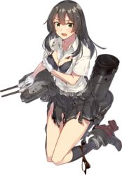  black_bra black_hair black_skirt black_socks blush boots bra breasts cannon cleavage dress_shirt female full_body gloves green_eyes grey_footwear hair_ornament hairclip hand_on_own_chest high_heel_boots high_heels kantai_collection kneehighs konishi_(koconatu) long_hair machinery medium_breasts official_art open_mouth oyashio_(kancolle) oyashio_kai_ni_(kancolle) pleated_skirt shirt skirt smokestack socks solo tachi-e torn_clothes torn_shirt torn_skirt transparent_background turret underwear white_gloves white_shirt 