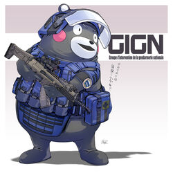  1boy ammunition_pouch assault_rifle bear black_eyes blue_headwear blush_stickers body_armor combat_helmet commentary_request cross cz_805_bren faceplate first_aid_kit flip-up_sight french_text full_body gign gradient_background greek_cross grey_background gun helmet highres holding holding_gun holding_weapon kumamon laser_sight load_bearing_vest looking_to_the_side male_focus mao_(6r) mascot no_humans optical_sight original patch police police_uniform policeman pouch rifle scope standing swat tactical_clothes translated uniform vest visor_lift weapon white_background 