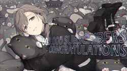  1boy absurdres black_footwear black_jacket black_legwear black_pants brown_hair clip_studio_paint_(medium) commentary_request congratulations ear_piercing earrings grey_eyes grey_sweater hair_between_eyes hair_over_shoulder highres hugging_object jacket jewelry jh kanae_(nijisanji) long_hair long_sleeves looking_at_viewer low_ponytail male_focus milestone_celebration nijisanji pants parted_lips piercing ponytail roto_(kanae) shoes socks stud_earrings stuffed_animal stuffed_cat stuffed_toy sweater turtleneck turtleneck_sweater virtual_youtuber 