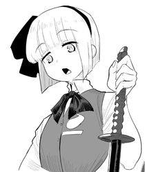  blunt_bangs bob_cut bow collared_shirt female frogsnake greyscale hairband hairbow holding holding_sword holding_weapon inverted_bob katana konpaku_youmu looking_at_viewer monochrome open_mouth shirt short_hair solo sword touhou upper_body vest weapon 