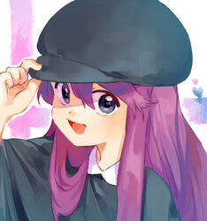  black_eyes black_hat female hand_on_headwear hand_up hat heart kuizhi_(the_legend_of_luoxiaohei) long_hair looking_at_viewer luo_xiaohei_zhanji nyanmu1 open_mouth purple_hair smile solo upper_body 