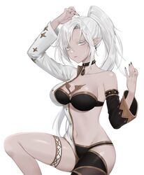  absurdres arm_up bare_shoulders bikini black_bikini black_choker black_thighhighs breasts choker collarbone detached_sleeves earrings expressionless female gold_trim grey_eyes hand_up highres jewelry long_hair looking_at_viewer medium_breasts mole mole_under_mouth navel original pointy_ears ponytail raku_(clearpage) revealing_clothes sidelocks simple_background single_thighhigh solo stomach swimsuit thigh_strap thighhighs thighs white_background white_hair 