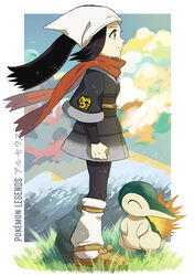  absurdres akari_(pokemon) bad_id bad_pixiv_id black_hair clenched_hand closed_mouth cloud commentary_request copyright_name cyndaquil day eyelashes female floating_hair floating_scarf from_side galaxy_expedition_team_survey_corps_uniform grass grey_eyes highres loose_socks mountain outdoors pokemon pokemon_(creature) pokemon_legends:_arceus sash scarf sidelocks sky smile socks standing touyama_sairi 