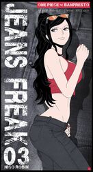  alternate_costume alternate_hairstyle black_hair blue_eyes breasts chris_re5 commentary cowboy_shot crop_top denim eyewear_on_head fashion female from_side jeans large_breasts midriff nico_robin one_piece pants ponytail red_nails red_tank_top signature smile solo sunglasses tank_top 