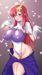  blush breasts covered_navel covered_nipples cowboy_shot female gloves groin gundam gundam_seed gundam_seed_destiny hair_ornament highleg highleg_leotard highres impossible_clothes impossible_leotard kemurin large_breasts leotard long_hair looking_at_viewer meer_campbell navel pink_hair purple_eyes purple_leotard solo star_(symbol) star_hair_ornament thighs tongue tongue_out white_leotard 