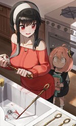  0_0 2girls :x ahoge anya_(spy_x_family) bare_shoulders behind_another black_hair blood blood_on_weapon breasts cleaning cleaning_weapon dagger director_chimera_(spy_x_family) dress earrings glint gold_earrings green_eyes hairband highres holding holding_dagger holding_knife holding_stuffed_toy holding_weapon hutosutoro jewelry kitchen knife large_breasts light_particles lolicon long_hair looking_at_another looking_back looking_down looking_up medium_hair mother_and_daughter multiple_girls off-shoulder_sweater off_shoulder pink_hair red_eyes revision sidelocks sink spy_x_family stove stuffed_toy sweatdrop sweater sweater_dress towel washing water weapon white_hairband wide-eyed wiping yor_briar 