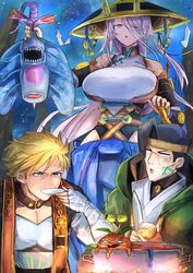  2boys akihiron black_hair blonde_hair blue_eyes breasts cooking cooking_pot duel_monster female firegrass fleurdelis_(yu-gi-oh!) hair_over_one_eye hand_on_hilt hat hatano_kiyoshi headband highres jingasa large_breasts long_hair multiple_boys night purple_eyes purple_hair tasting the_golden_swordsoul the_iris_swordsoul yu-gi-oh! 