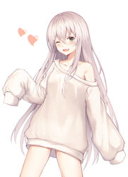  absurdres bad_id bad_pixiv_id bare_shoulders blush brown_eyes clothing_request collarbone commentary female grey_hair haru_(muyang) highres long_hair looking_at_viewer muyang one_eye_closed original oversized_clothes simple_background smile solo symbol-only_commentary white_background 