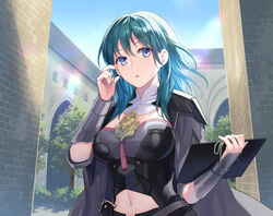  arm_guards armlet armor blue_eyes blue_hair bodice breasts building bustier byleth_(female)_(fire_emblem) byleth_(fire_emblem) cape capelet clothing_cutout commentary_request corset day female fire_emblem fire_emblem:_three_houses grey_cape hand_up holding large_breasts long_hair navel navel_cutout outdoors parted_lips short_sleeves shoulder_armor solo sunlight tassel turtleneck underbust upper_body vambraces yamigo 